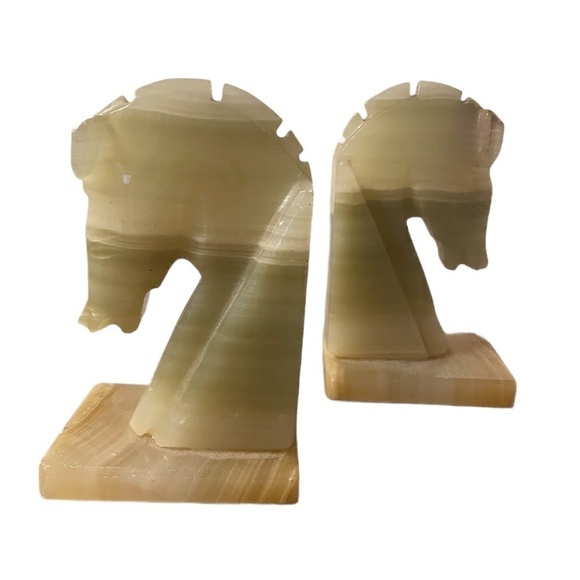 Mid Century Pair of Onyx Trojan Bookends knights carved horses - Picture 1 of 12